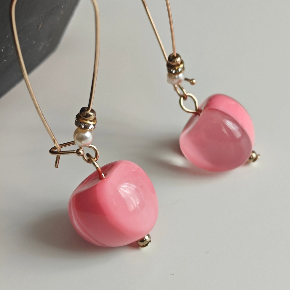 INC International Concepts Pink Drop Earrings Heart Cherry Gold Tone Rhinestone